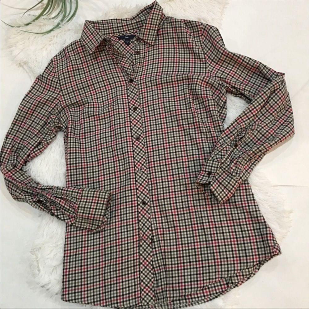 Gap women’s top check pink black white long sleeve size Medium